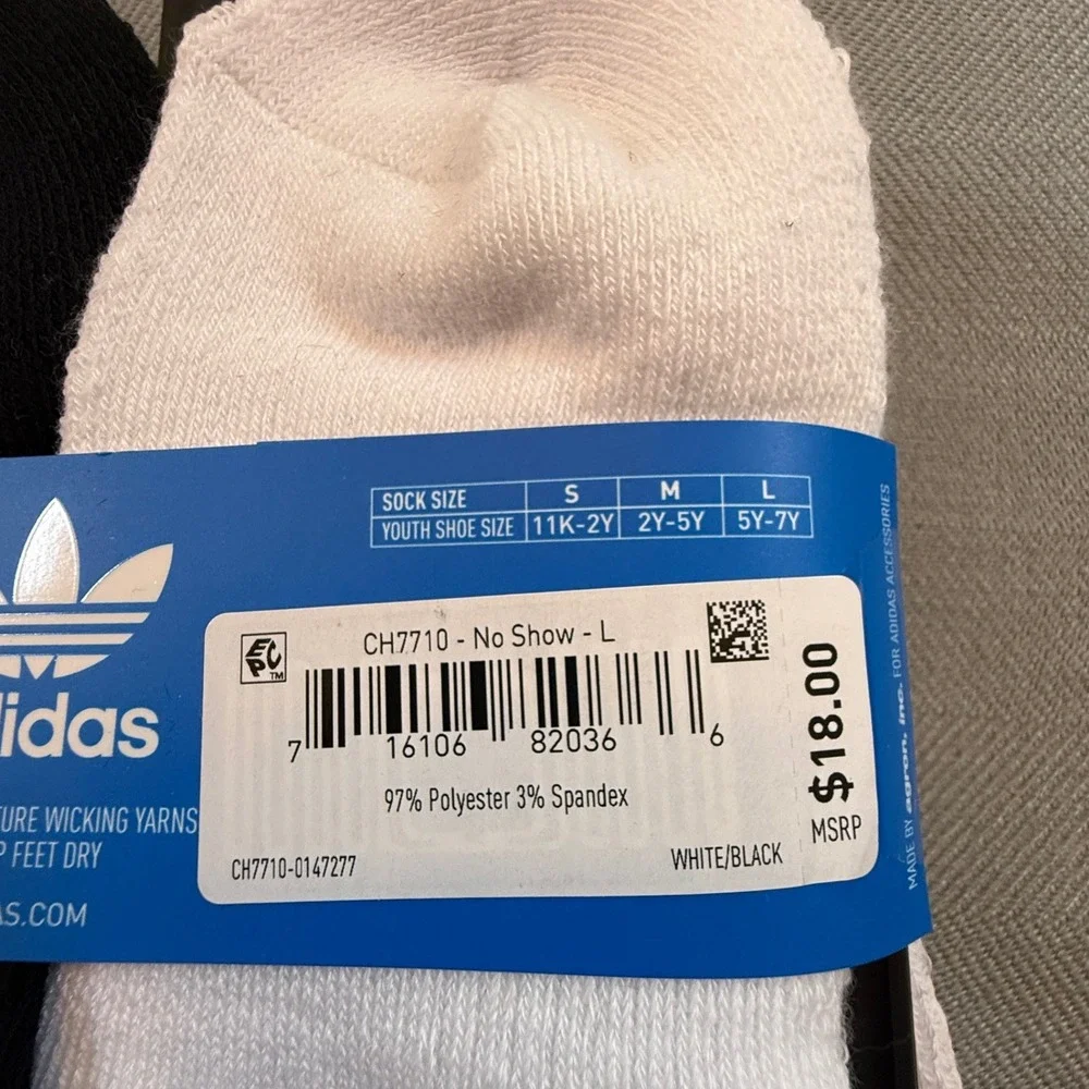 Adidas Originals Youth No Show Socks 6 Pair Black White Size L 5Y-7Y CH7710